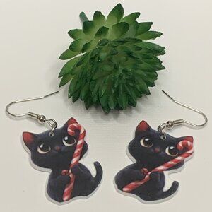 Black Cat Earring, Candy Cane Earring, Christmas Earring, Holiday Earring, Cat
